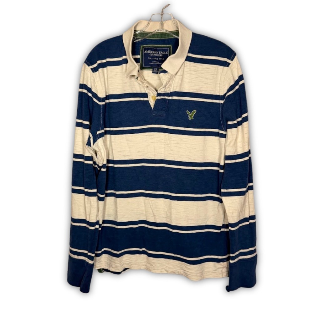Vintage American Eagle Polo‎ L Shirt Long Sleeve Blue White Stripe Y2K Preppy